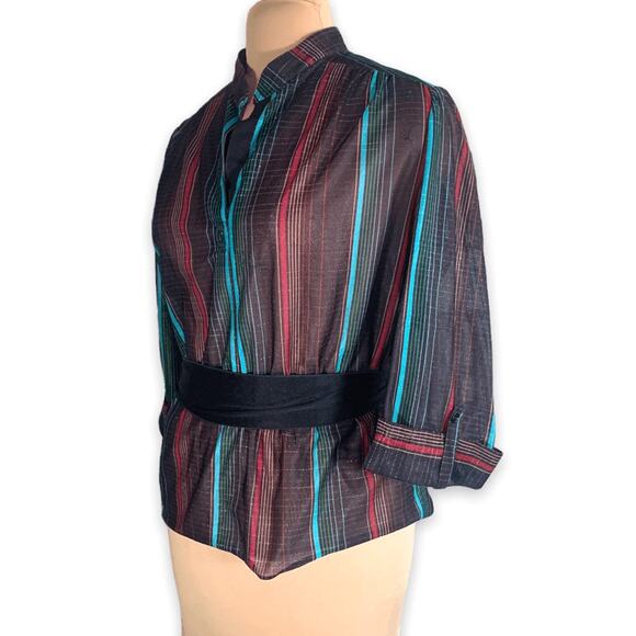 Vintage 80s Striped Sheer Blouse Black Burgundy Belted Waist Metallic Large - Picture 3 of 11